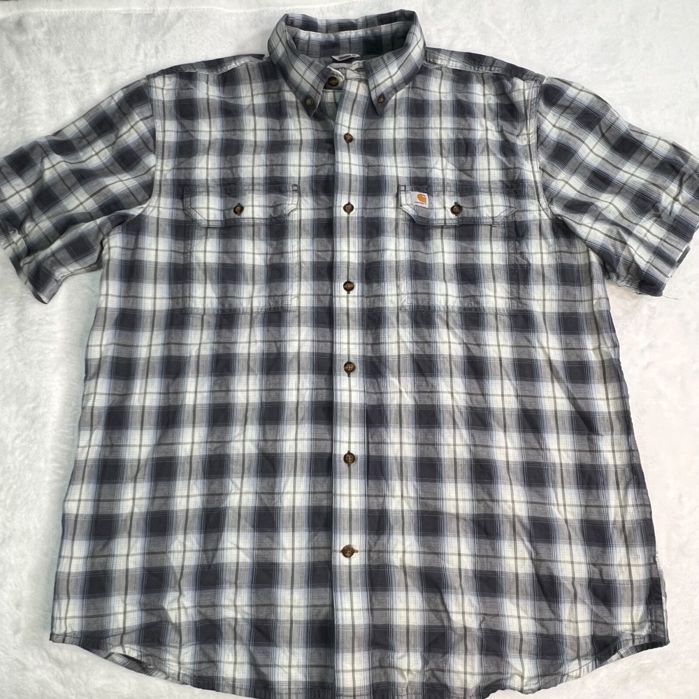 Carhartt  Shirt Mens L Blue Original Fit Plaid Short Sleeve Pockets 104175 BLS
